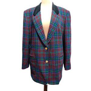 Vintage Joan Leslie 18W Plus Size 90s Plaid Wool Blend Blazer Velvet Collar Chic